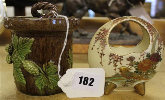 Rye Pottery cylindrical jar & cover, green & brown glazed with hop decoration & Japanese Satsuma flask-shaped vase, decorated pheasant